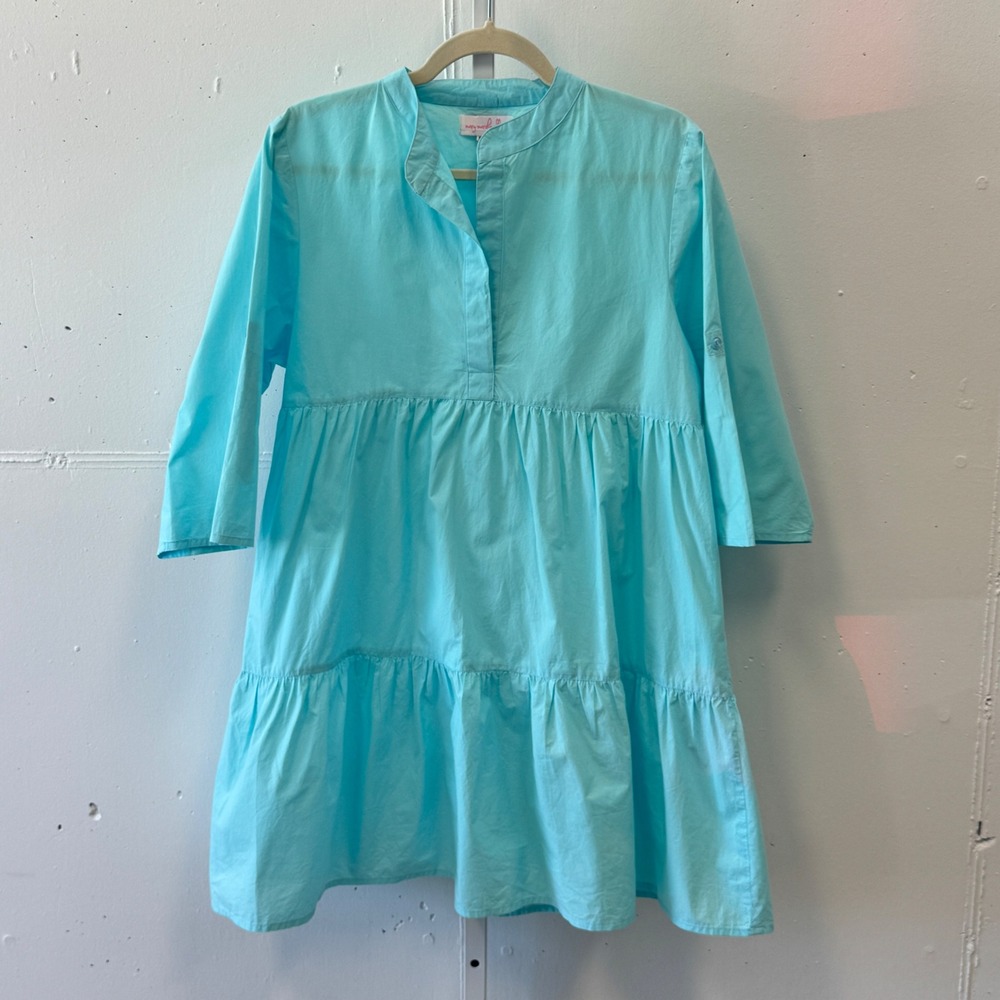 Mary Marshmallow Turquoise Blue Tiered Cotton Shift Dress SM 3/4 Sleeve Beach